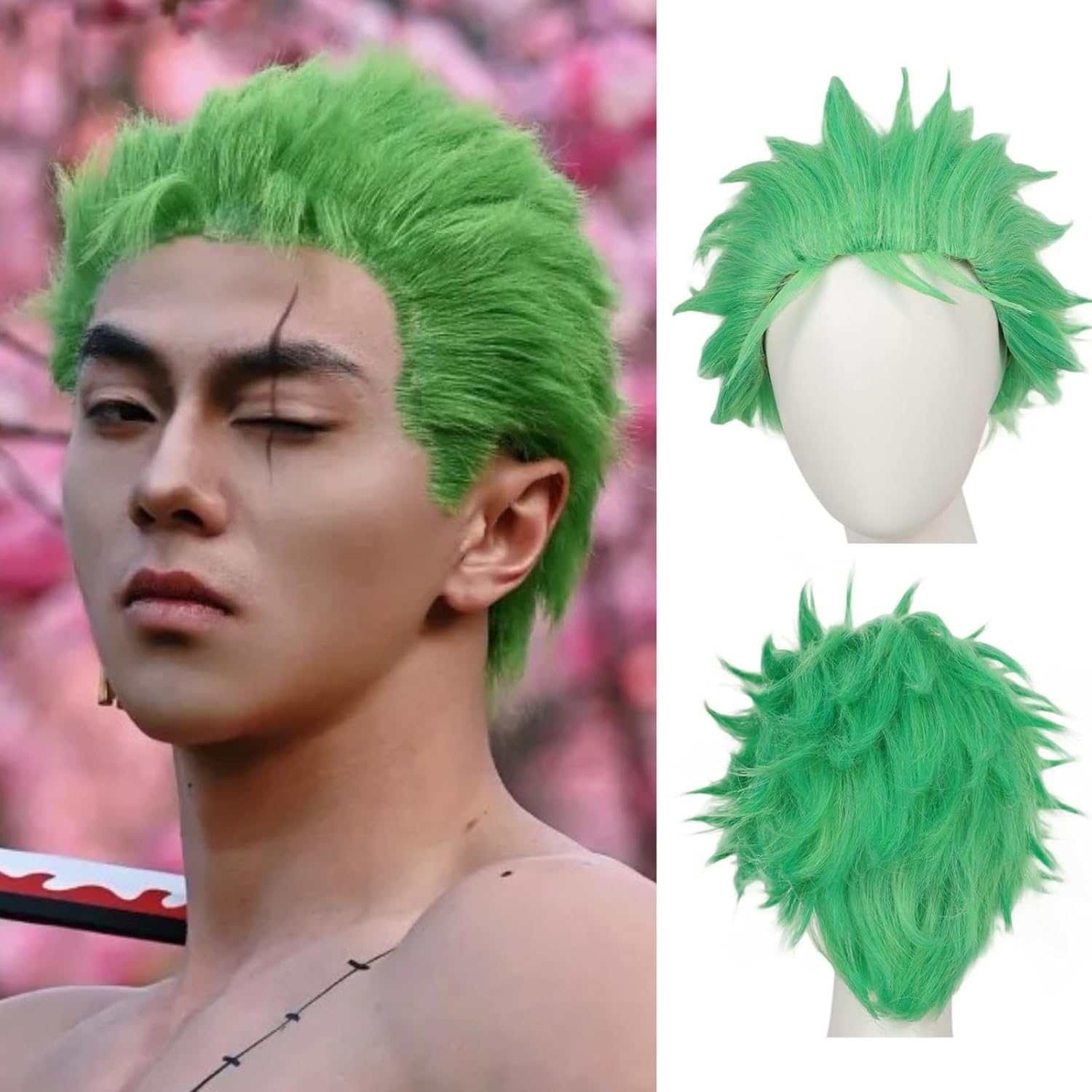Cosplay Anime Zoro - 남성용 짧은 녹색 가발 라이트 잔디